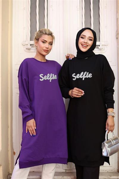 4051 Önü Selfie Yazılı Taşlı Uzun Tunik