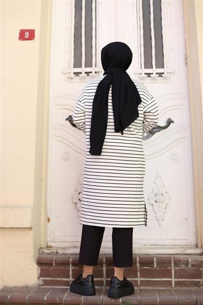 4059 Bisiklet Yaka Yanı Yrtmaçlı Çizgili Uzun Tunik