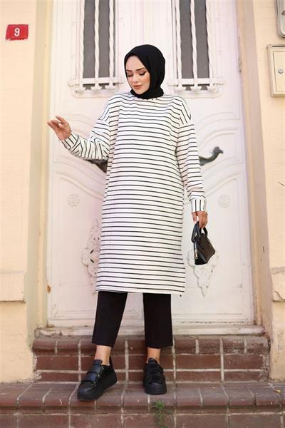4059 Bisiklet Yaka Yanı Yrtmaçlı Çizgili Uzun Tunik