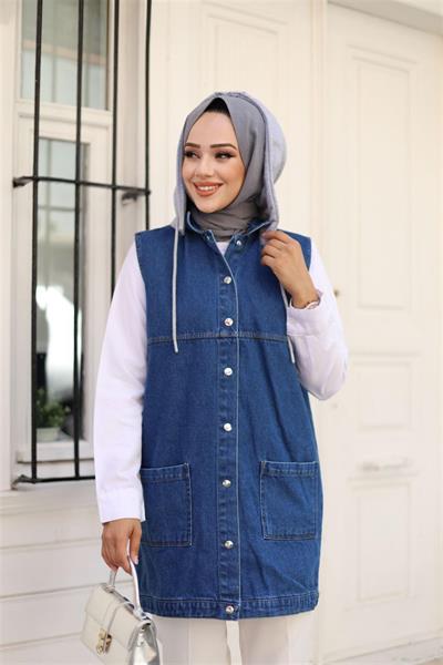 4061 Kapşonlu Çıt Çıtlı Kot Yelek