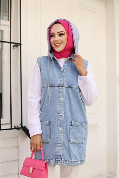 4061 Kapşonlu Çıt Çıtlı Kot Yelek