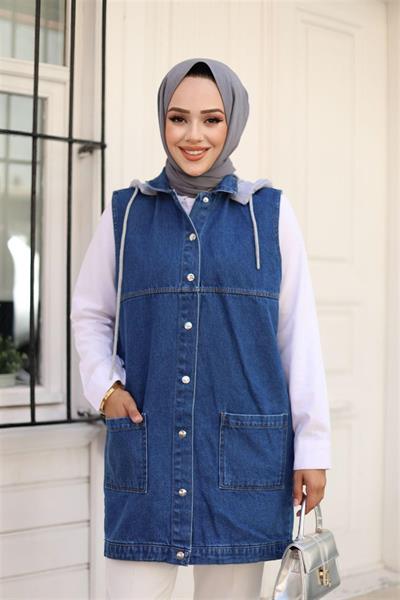 4061 Kapşonlu Çıt Çıtlı Kot Yelek