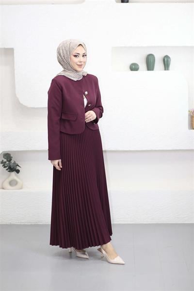 41453 Gold Düğmeli Eteği Pileli Takım