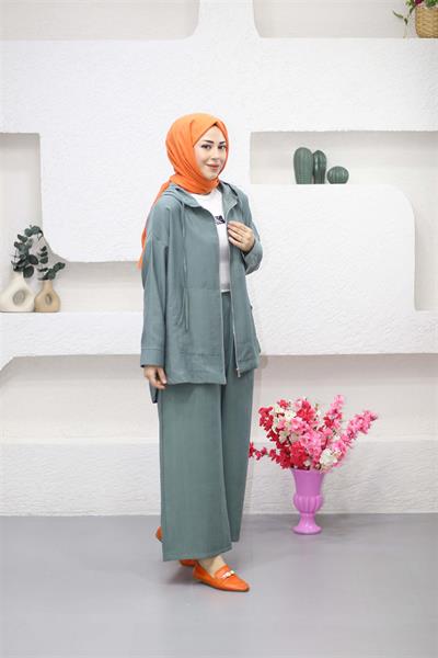 4367 Kapşonlu Önü Fermuarlı Pantolonlu Tencel Takım