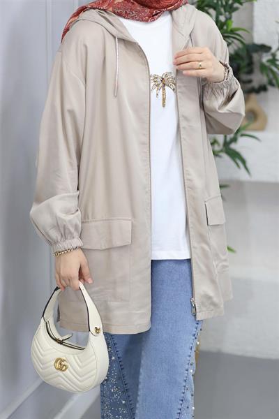 4380 Kapşonlu Boy Fermuarlı Cepli Ten Sel Kap