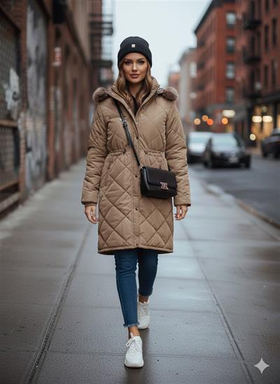 5021 Kapşonu Kürklü Baklava Dikişli Astarlı Mont