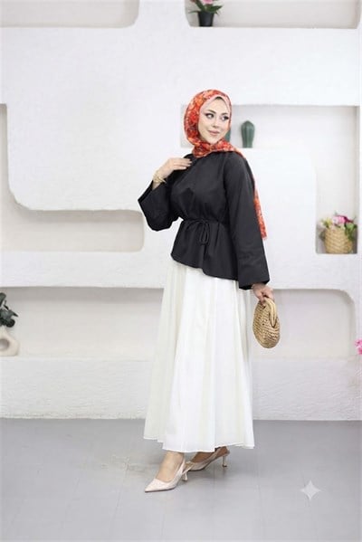 5266 Bağcıklı Geniş Manşetli Asimetrik Poplin Coton Bluz