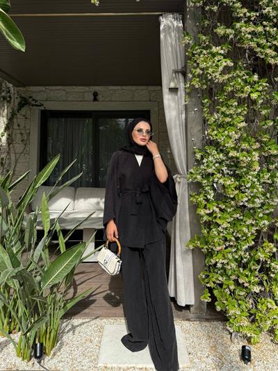 5608 Serpme Taş Detaylı Kuşaklı Panço Kimono Takım