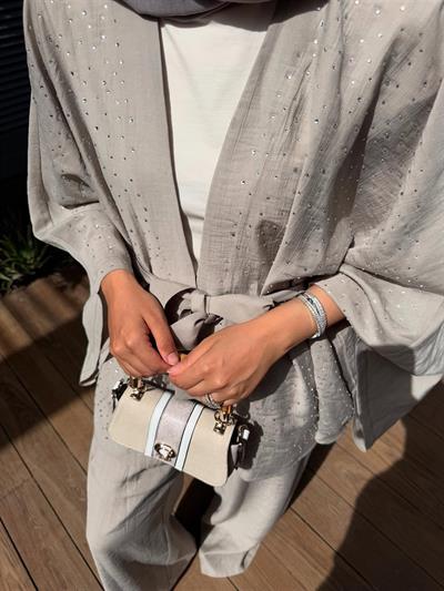 5608 Serpme Taş Detaylı Kuşaklı Panço Kimono Takım