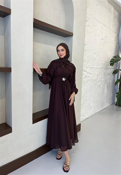 5737 Göğsü Fırfırlı Beli Lastikli Bağıcıklı Tencel Elbise