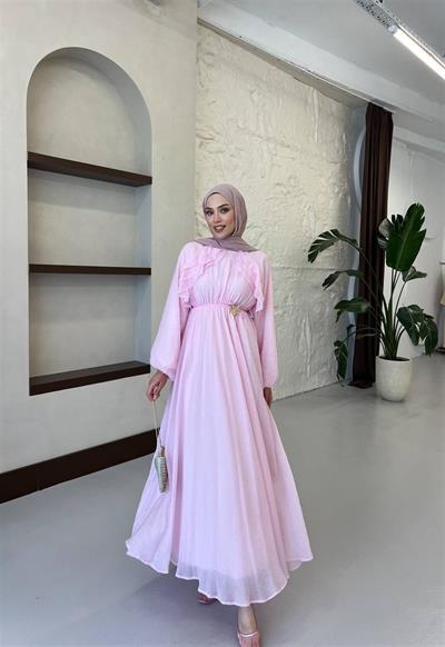 5737 Göğsü Fırfırlı Beli Lastikli Bağıcıklı Tencel Elbise
