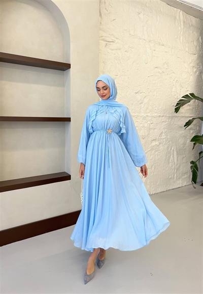 5737 Göğsü Fırfırlı Beli Lastikli Bağıcıklı Tencel Elbise