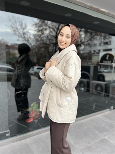 5912 Şal Yaka Düz Kuşaklı Şişme Mont