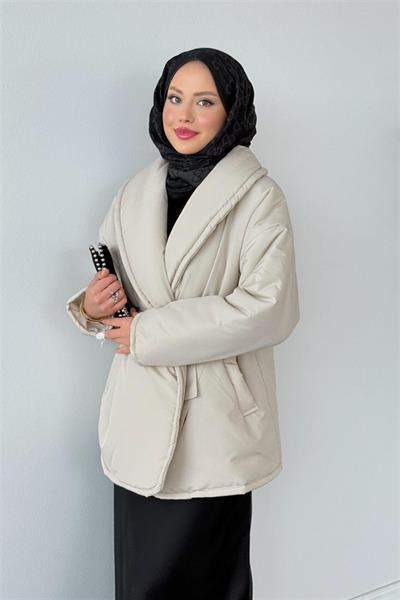 5912 Şal Yaka Düz Kuşaklı Şişme Mont