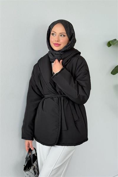 5912 Şal Yaka Düz Kuşaklı Şişme Mont