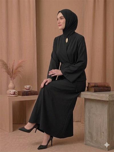 6005 Çapraz Bağlamalı Tek Düğmeli Etekli Kimono Takım