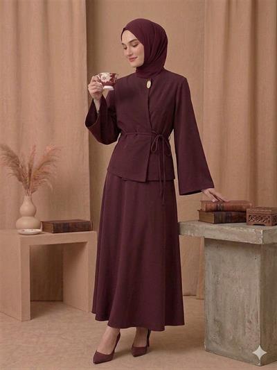 6005 Çapraz Bağlamalı Tek Düğmeli Etekli Kimono Takım