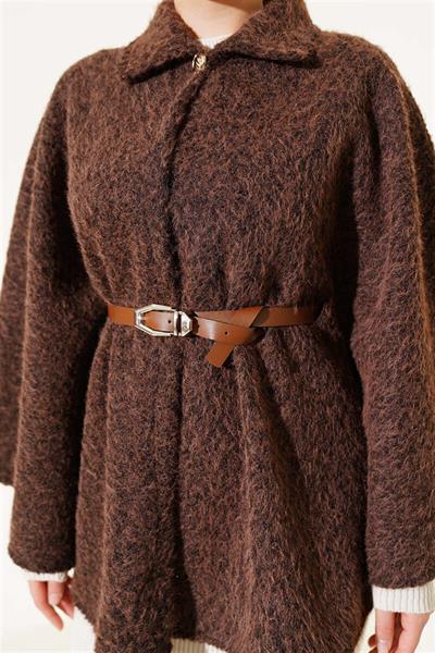 66001 Kemerli Tek Düğmeli Buklet Panço