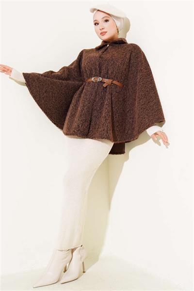 66001 Kemerli Tek Düğmeli Buklet Panço