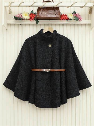 66001 Kemerli Tek Düğmeli Buklet Panço