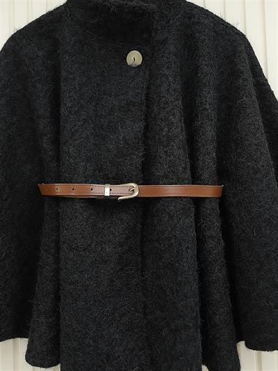 66001 Kemerli Tek Düğmeli Buklet Panço