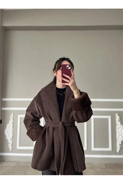 7099 Ceket Yaka Bilek Kürk Ortişli Kemerli Kaşe Ceket
