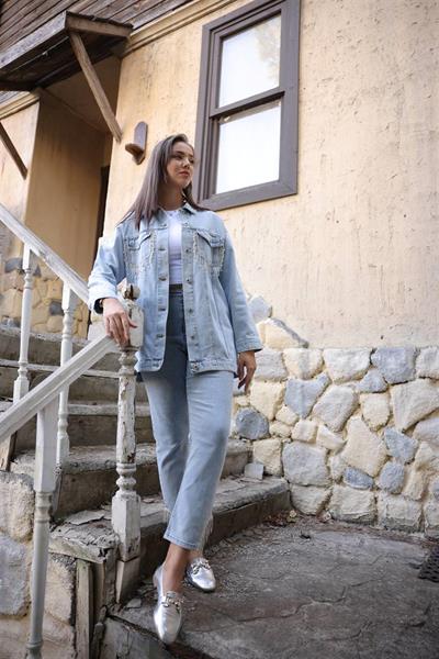 7113 Çift Cepli Düğmeli İnci Zincir Püsküllü Kot Ceket