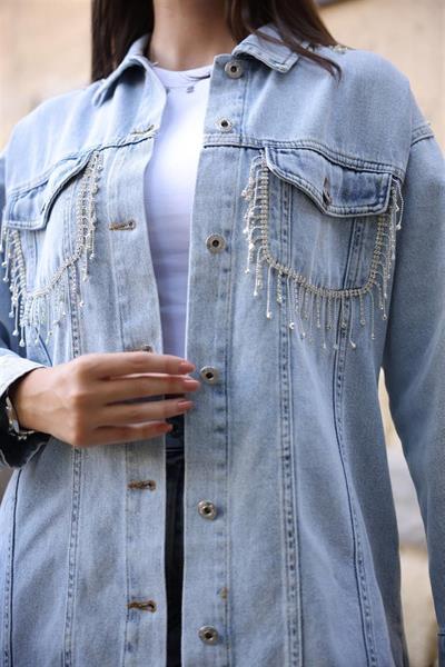 7113 Çift Cepli Düğmeli İnci Zincir Püsküllü Kot Ceket