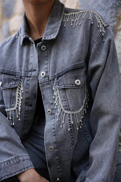 7113 Çift Cepli Düğmeli İnci Zincir Püsküllü Kot Ceket