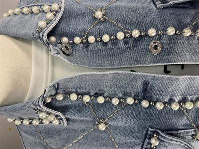 7121 Çift Cepli İnci Taş Detaylı Uzun Kot Ceket