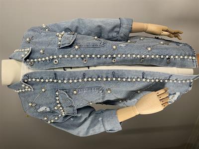 7121 Çift Cepli İnci Taş Detaylı Uzun Kot Ceket