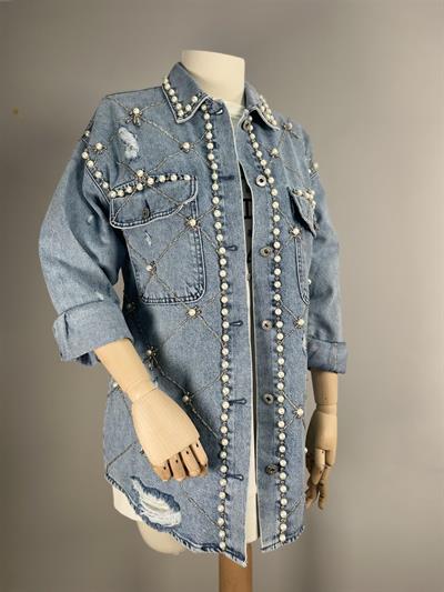 7121 Çift Cepli İnci Taş Detaylı Uzun Kot Ceket