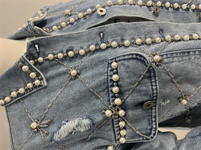 7121 Çift Cepli İnci Taş Detaylı Uzun Kot Ceket