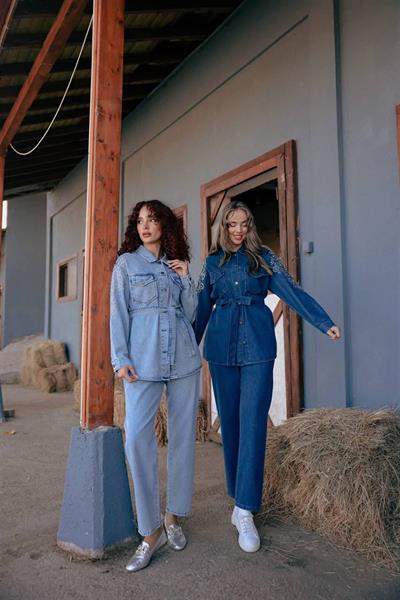 7226 Çift Cepli Kuşaklı Taş İşlemeli Kot Takım