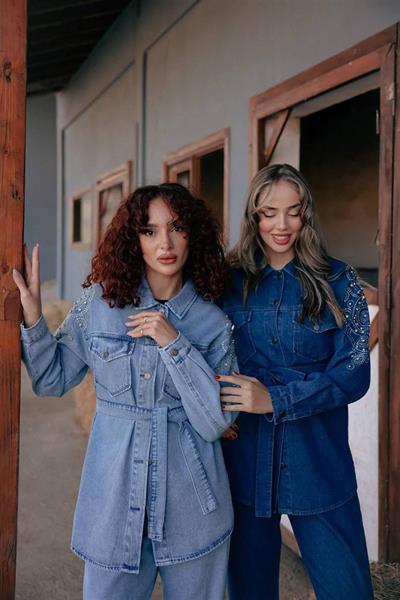 7226 Çift Cepli Kuşaklı Taş İşlemeli Kot Takım