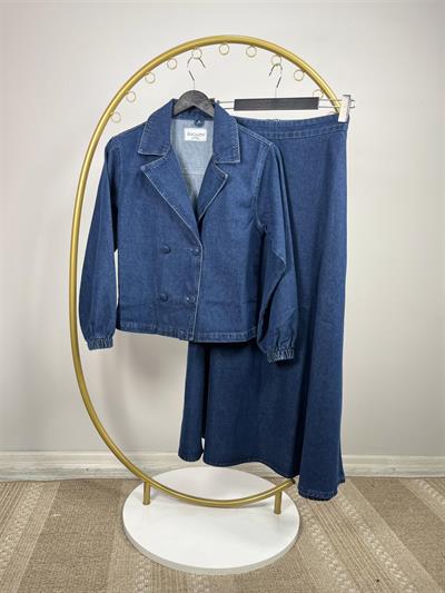 7227 Kol Ucu Lastikli Top Düğmeli Etekli Kot Takım