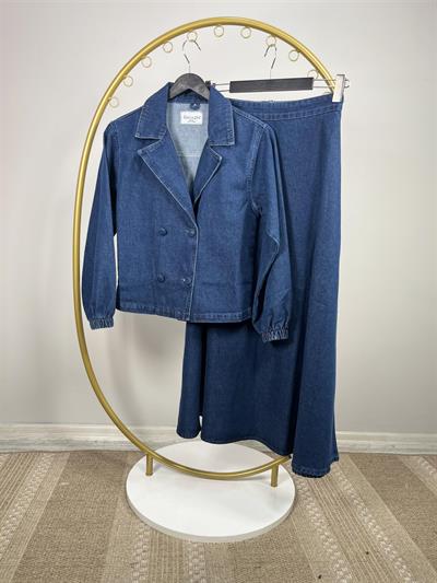 7227 Kol Ucu Lastikli Top Düğmeli Etekli Kot Takım