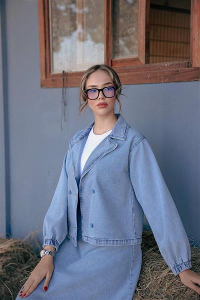 7227 Kol Ucu Lastikli Top Düğmeli Etekli Kot Takım