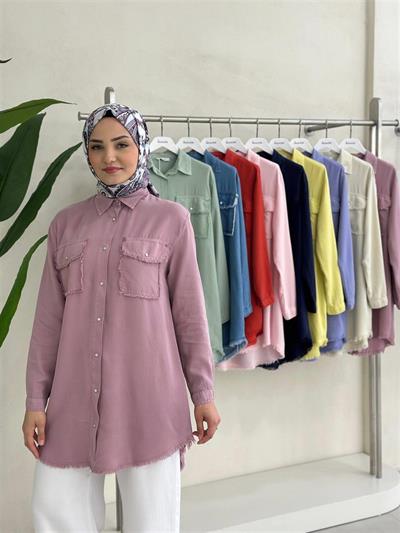 7309 Eskitme Çift Cepli Sedef Çıt Düğmeli Ten Sel Kot Gömlek