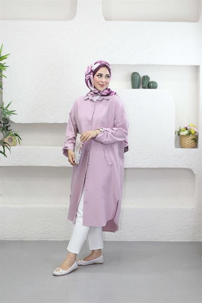 7383 Kol Katlamalı Süs Cepli Keten Gömlek Tunik