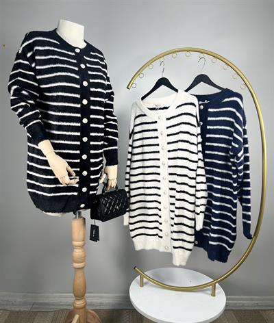 7538 Angora Çizgili Peluş Uzun Hırka