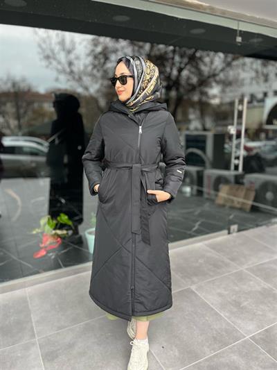 7618 Kapşonlu Kuşaklı Yan Fermuarlı Kaban