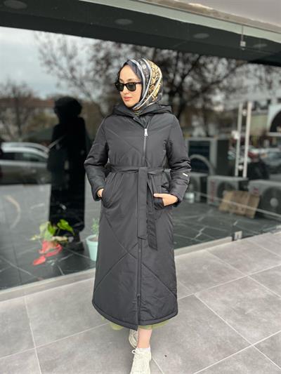 7618 Kapşonlu Kuşaklı Yan Fermuarlı Kaban