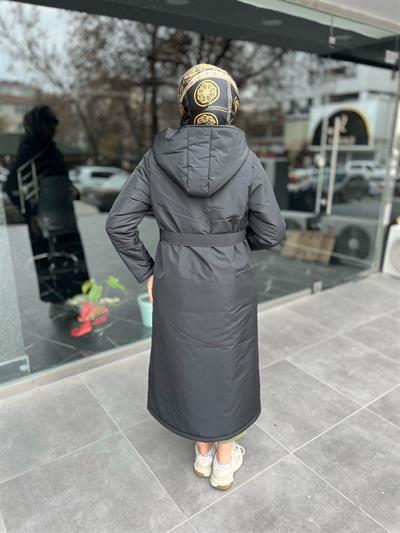 7618 Kapşonlu Kuşaklı Yan Fermuarlı Kaban