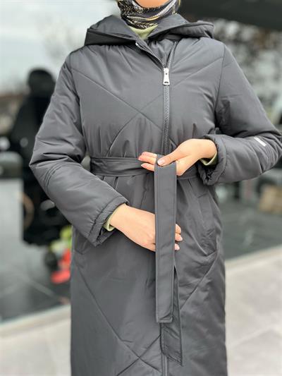 7618 Kapşonlu Kuşaklı Yan Fermuarlı Kaban