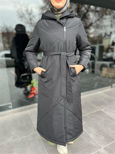 7618 Kapşonlu Kuşaklı Yan Fermuarlı Kaban