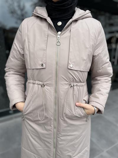 7620 Kapşonlu Beli Lastik Bağıcıklı Kaban