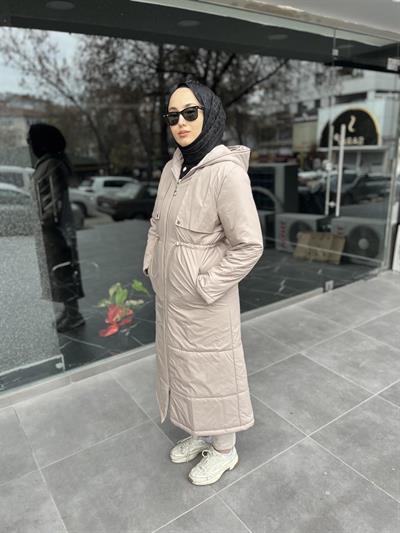 7620 Kapşonlu Beli Lastik Bağıcıklı Kaban