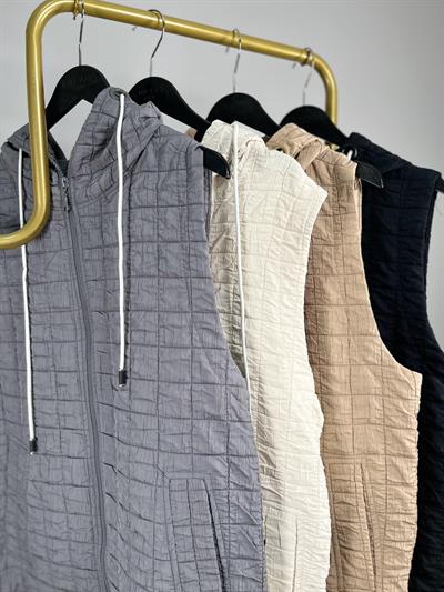 7631 Kapşonlu Boy Fermuarlı Ekose Dikişli Yelek