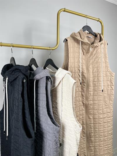 7631 Kapşonlu Boy Fermuarlı Ekose Dikişli Yelek